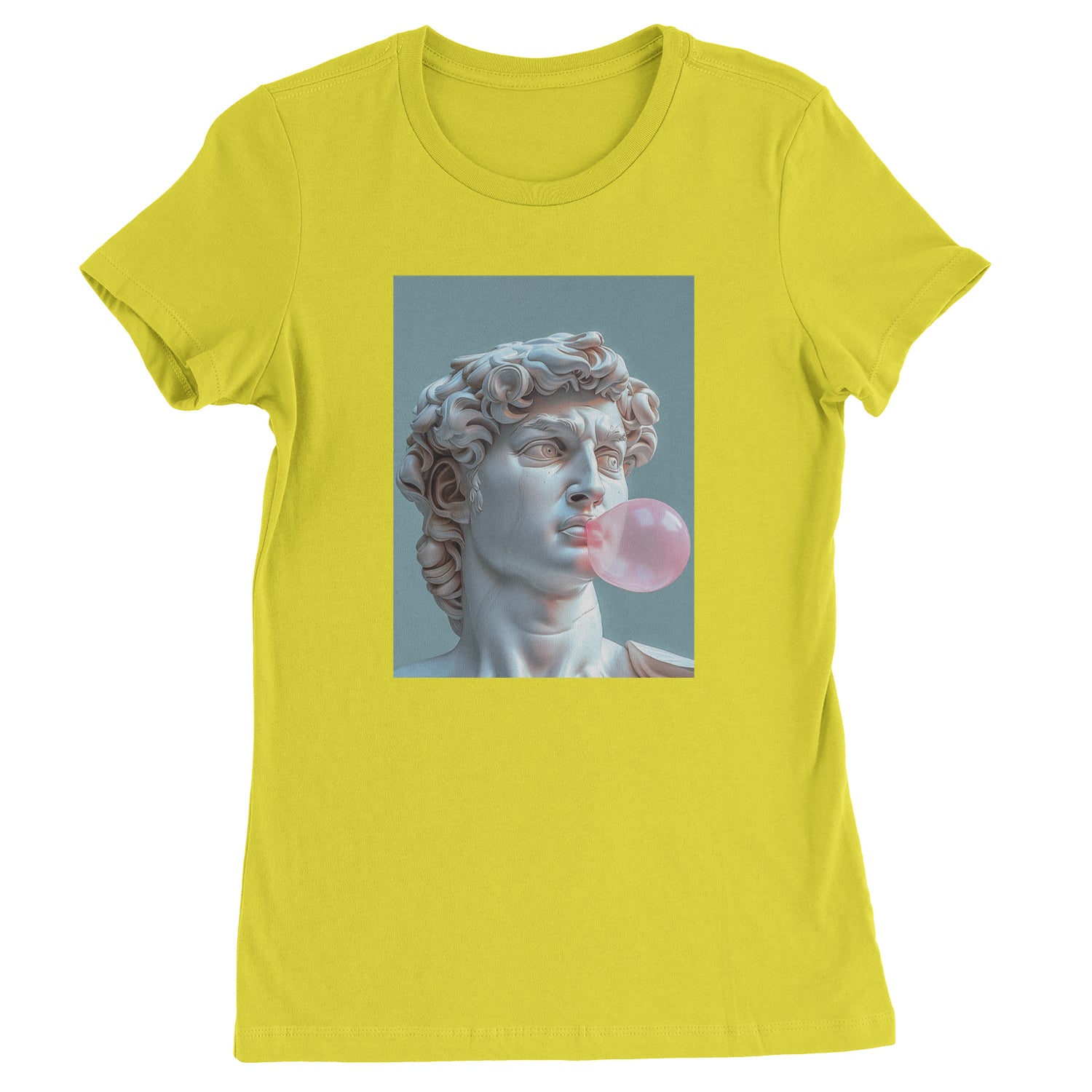 Michelangelo's David with Bubble Gum Contemporary Statue Art Womens T-shirt Yellow