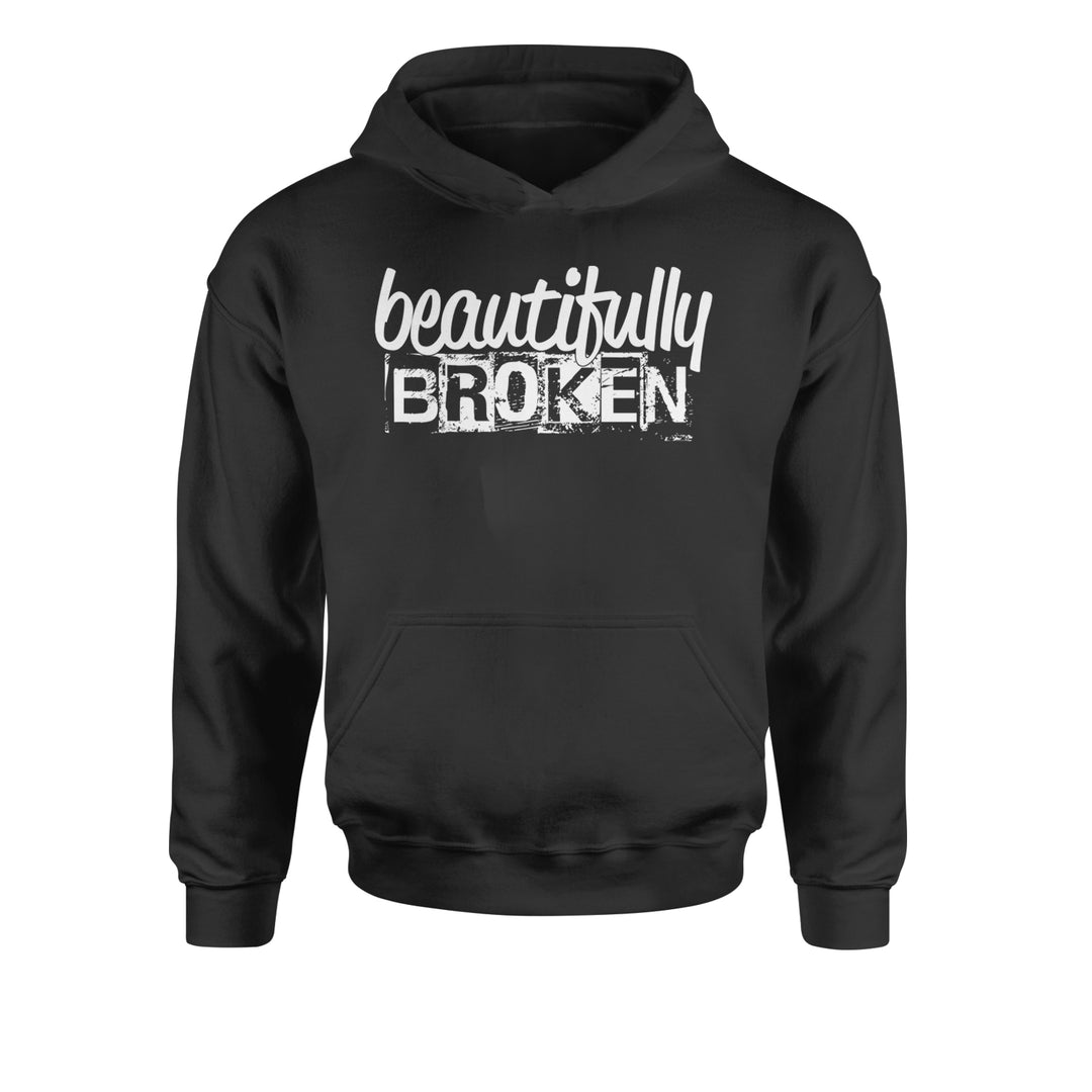 Kids' heavyweight fleece pullover hoodie with a bright tie-dye style burst and "beautifully broken" wording