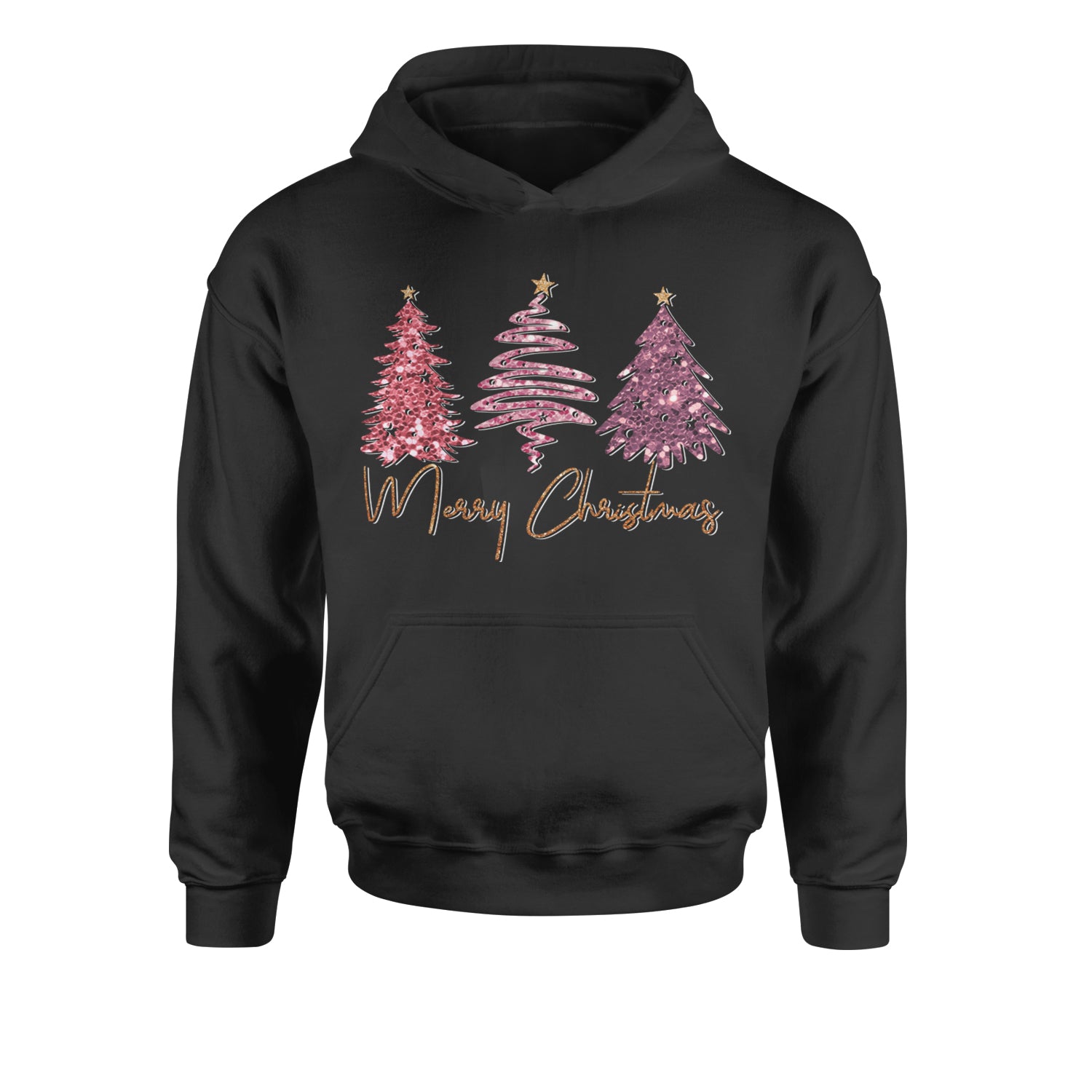 Merry Christmas Faux Glitter TreesYouth-Sized Hoodie Black