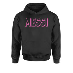 Bold outline soccer graphic with Miami-pink vibe on a kids' heavyweight fleece pullover hoodie