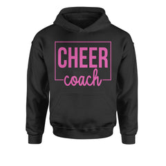 Cheer coach typography graphic printed on a kids' heavyweight fleece pullover hoodie