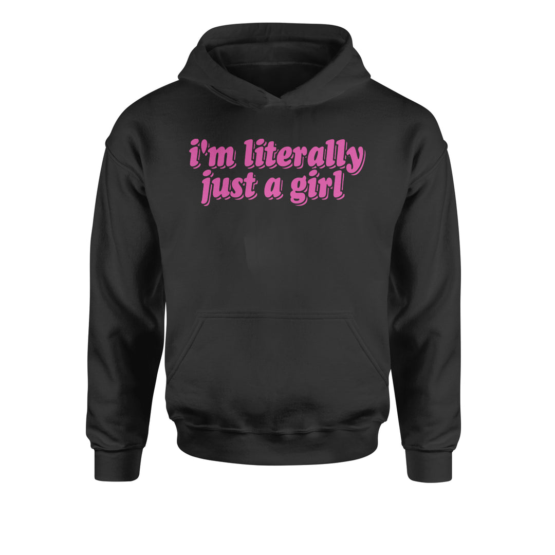 Pink bubble-letter "i'm literally just a girl" graphic on a Kids' Heavyweight Fleece Pullover Hoodie