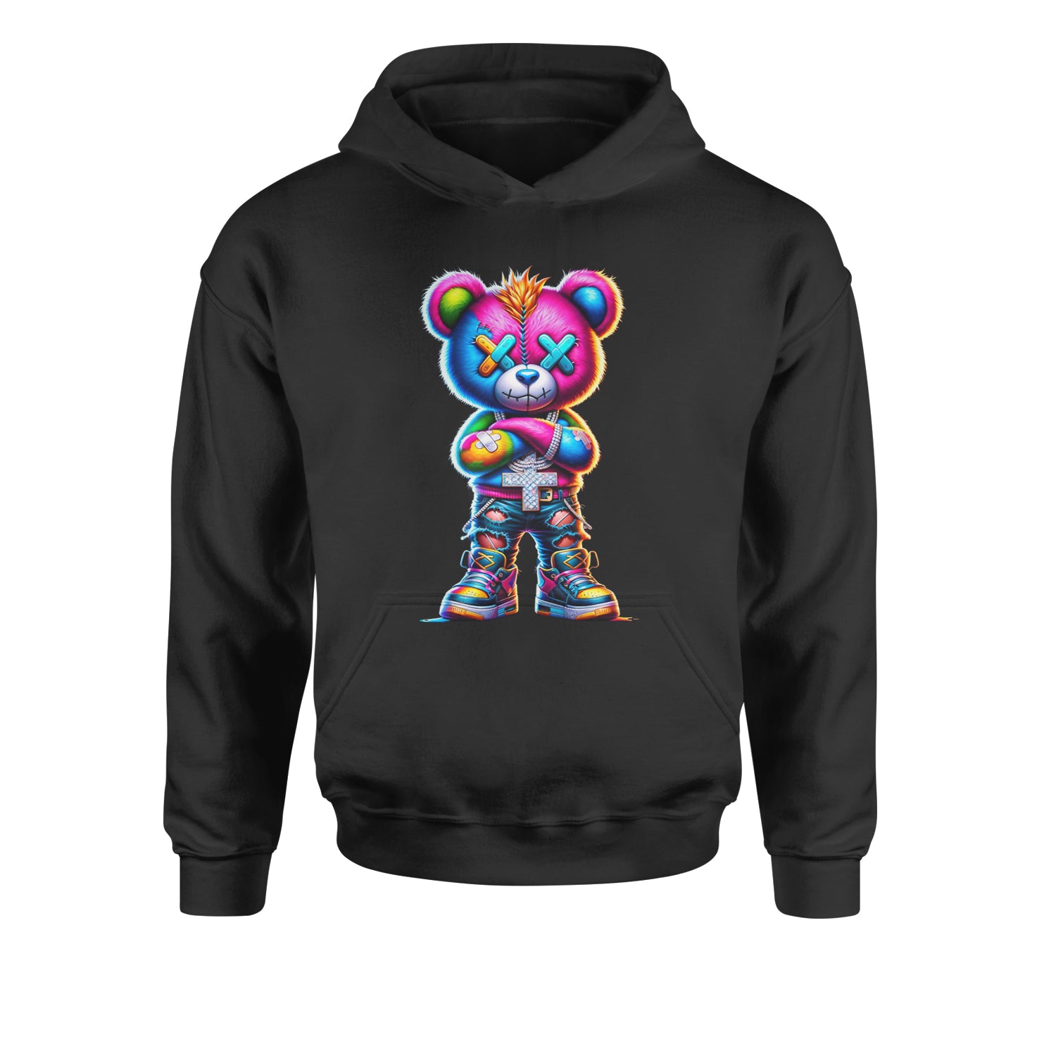 Stitched Neon Urban Graffiti BearYouth-Sized Hoodie Black