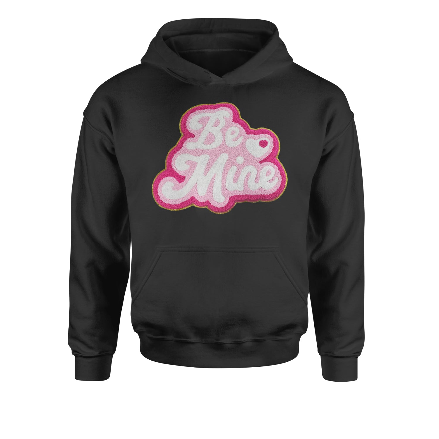 Be Mine Chenille Patch Valentines DaysYouth-Sized Hoodie Black