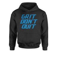 Kids' Heavyweight Fleece Pullover Hoodie with bold block "Grit Don't Quit" Detroit grit lettering and a bright blue accent
