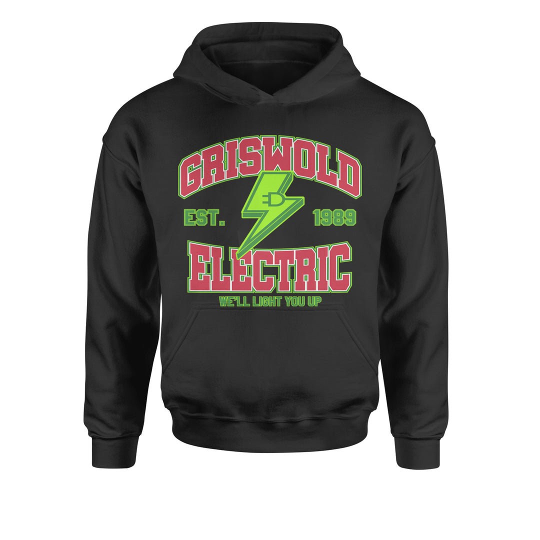 Griswold Electric We'll Light You Up graphic printed on a kids' heavyweight fleece pullover hoodie