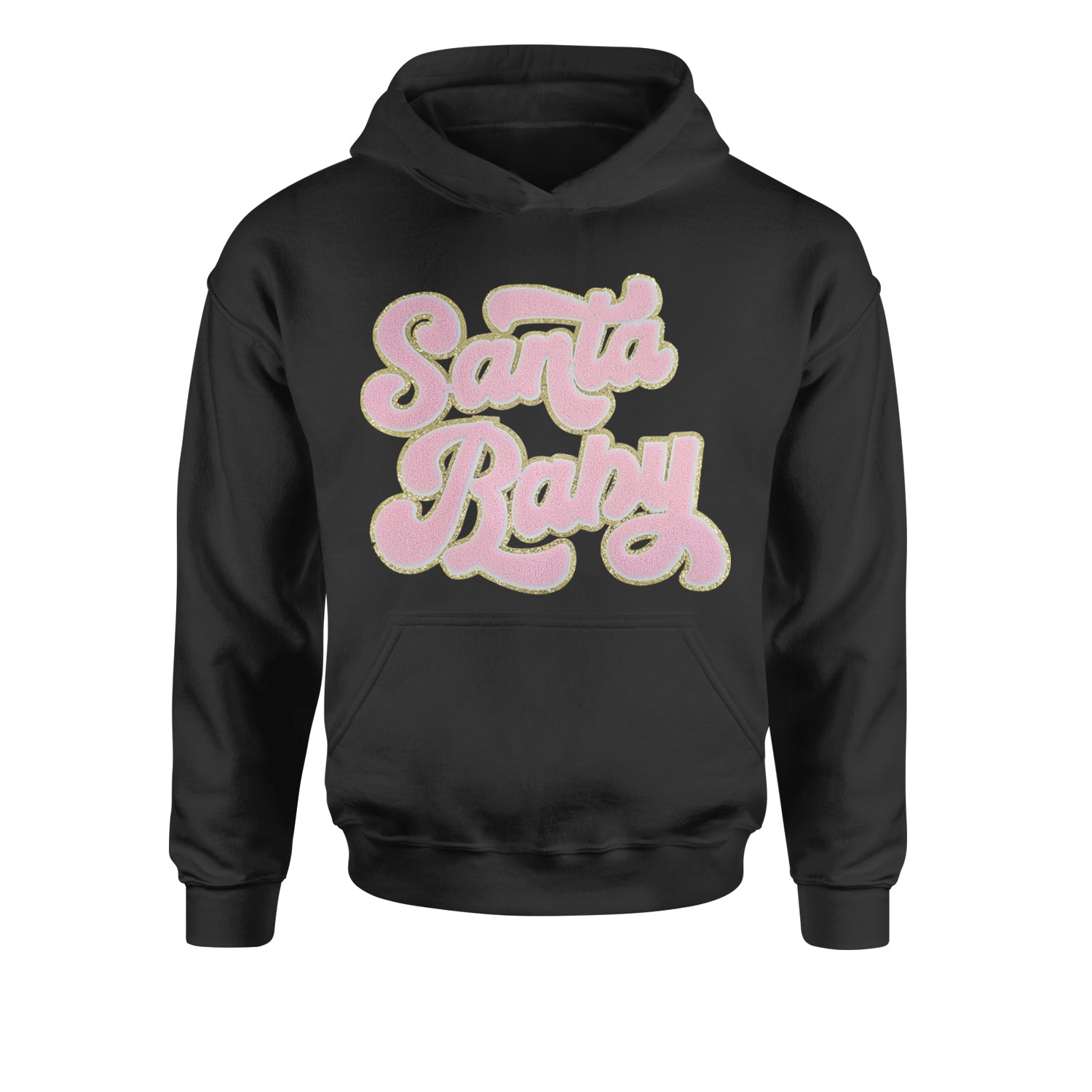 Pink Santa Baby Chenille PatchYouth-Sized Hoodie Black