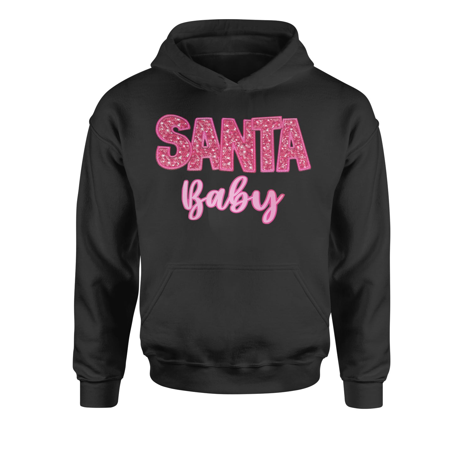 Santa Baby Faux Patch and SequinsYouth-Sized Hoodie Heather Grey