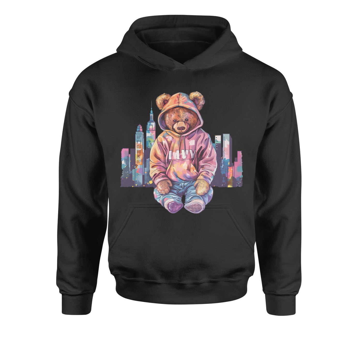 City Skyline Urban Graffiti BearYouth-Sized Hoodie Black