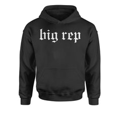 "big rep" gothic-style text on a Kids' Heavyweight Fleece Pullover Hoodie with a double-lined hood and front pouch pocket