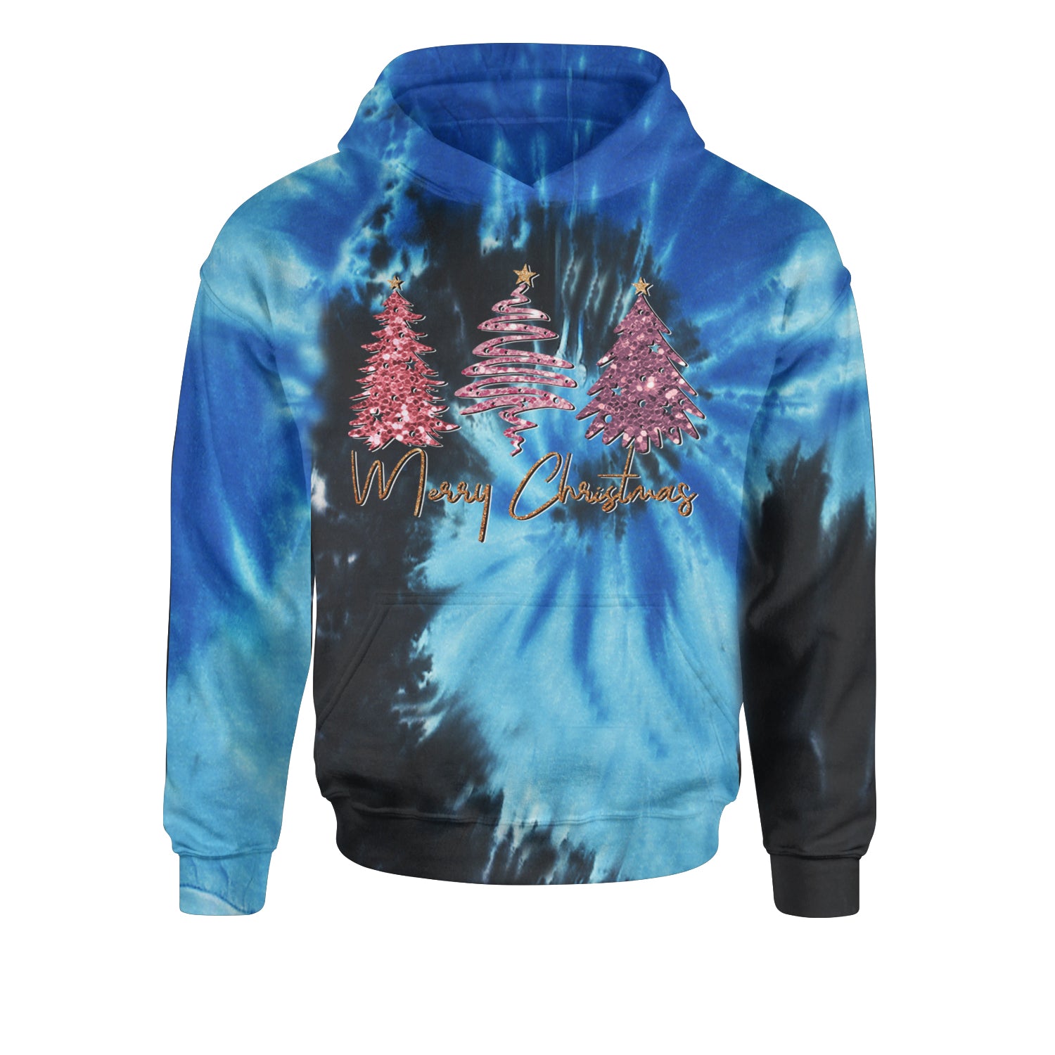 Merry Christmas Faux Glitter TreesYouth-Sized Hoodie Tie-Dye Blue Ocean