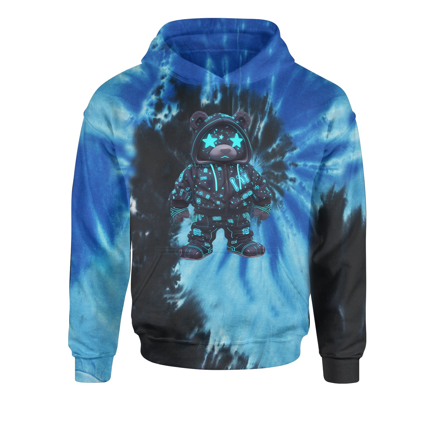 Starry Eyed Vaporwave Urban Graffiti BearYouth-Sized Hoodie Tie-Dye Blue Ocean