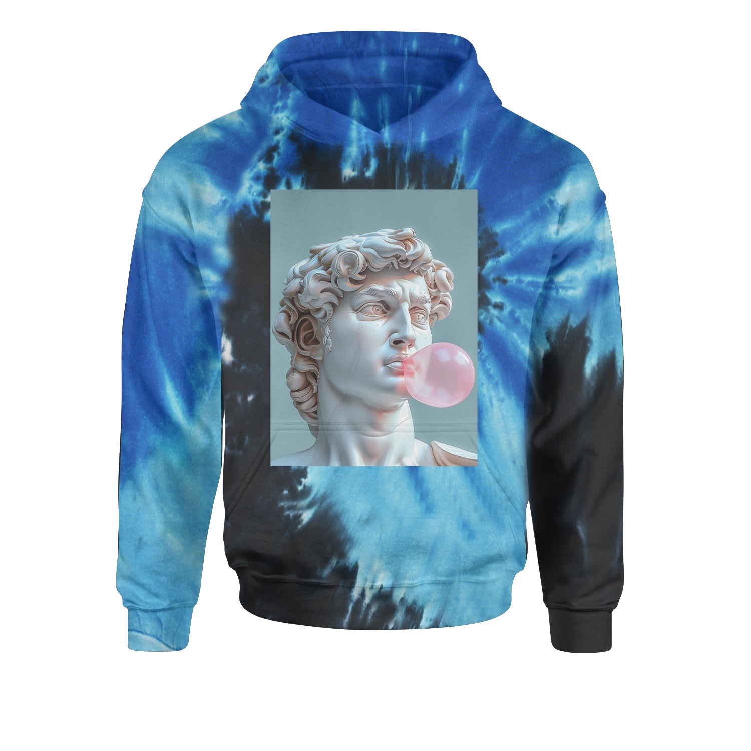 Michelangelo's David with Bubble Gum Contemporary Statue Art Youth-Sized Hoodie Tie-Dye Blue Ocean