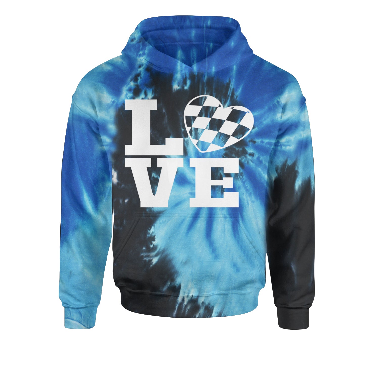 Love Racing Checkered Flag Heart Youth-Sized Hoodie Tie-Dye Blue Ocean