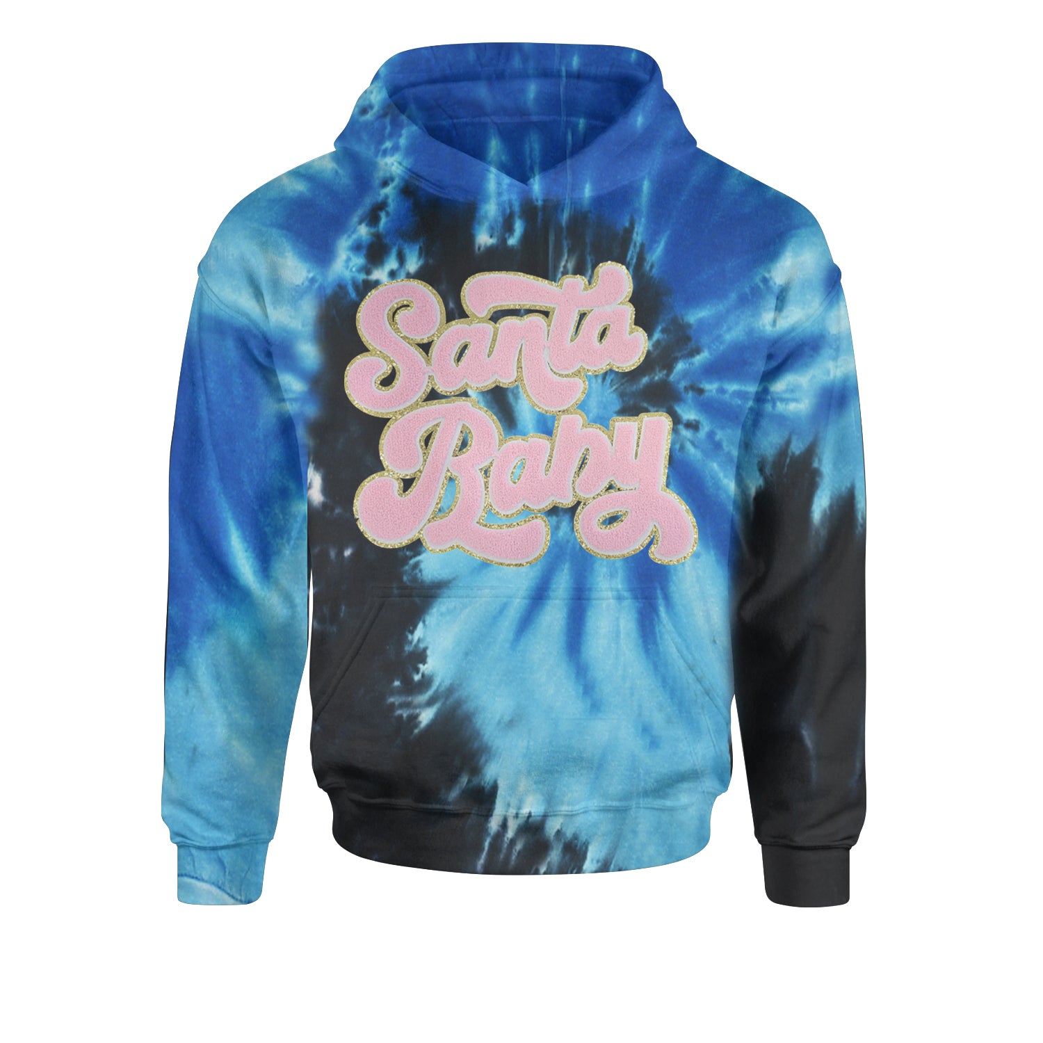 Pink Santa Baby Chenille PatchYouth-Sized Hoodie Tie-Dye Blue Ocean