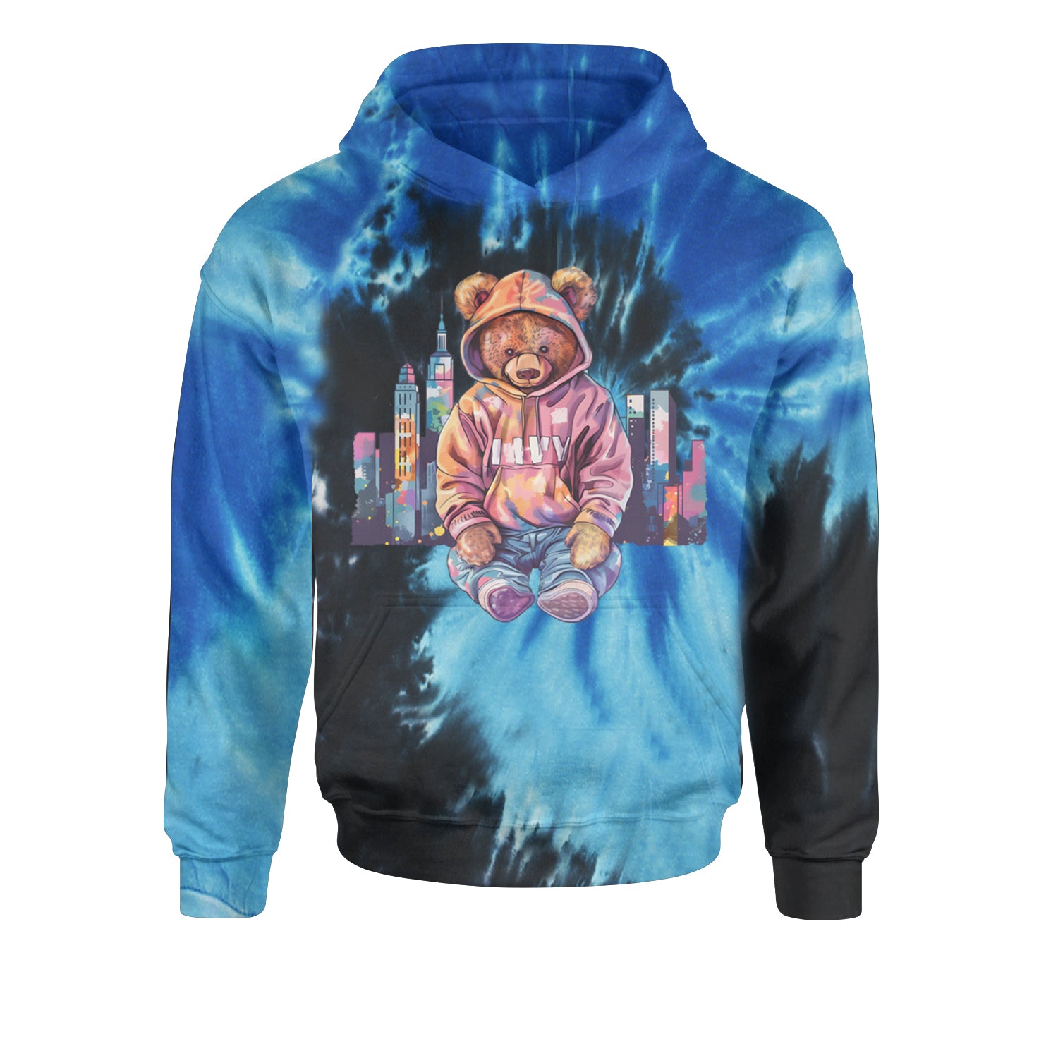 City Skyline Urban Graffiti BearYouth-Sized Hoodie Tie-Dye Blue Ocean