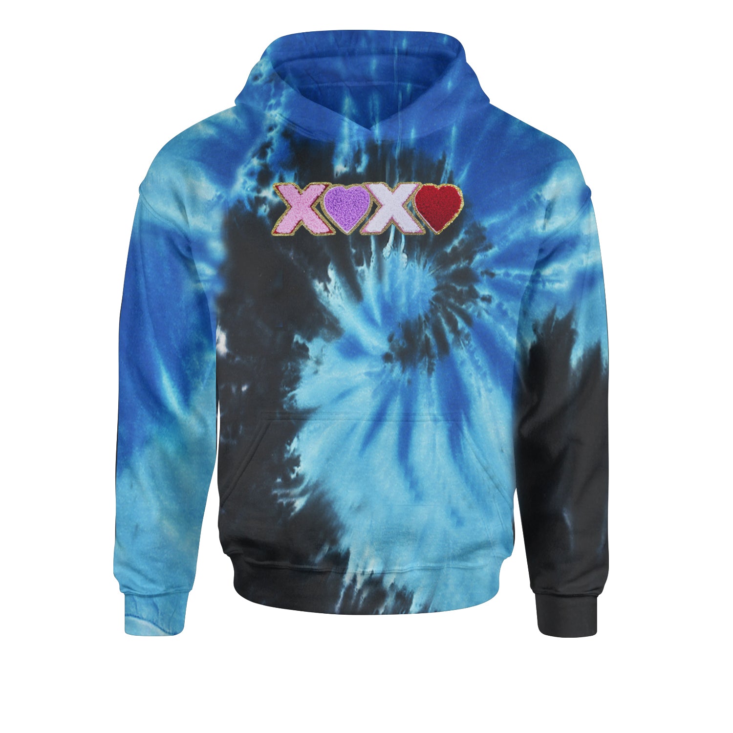 XOXO Chenille Patch Valentines DaysYouth-Sized Hoodie Tie-Dye Blue Ocean