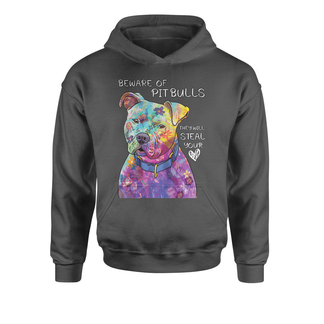 Beware Of Pit Bulls, They Will Steal Your Heart  Youth-Sized Hoodie Charcoal Grey