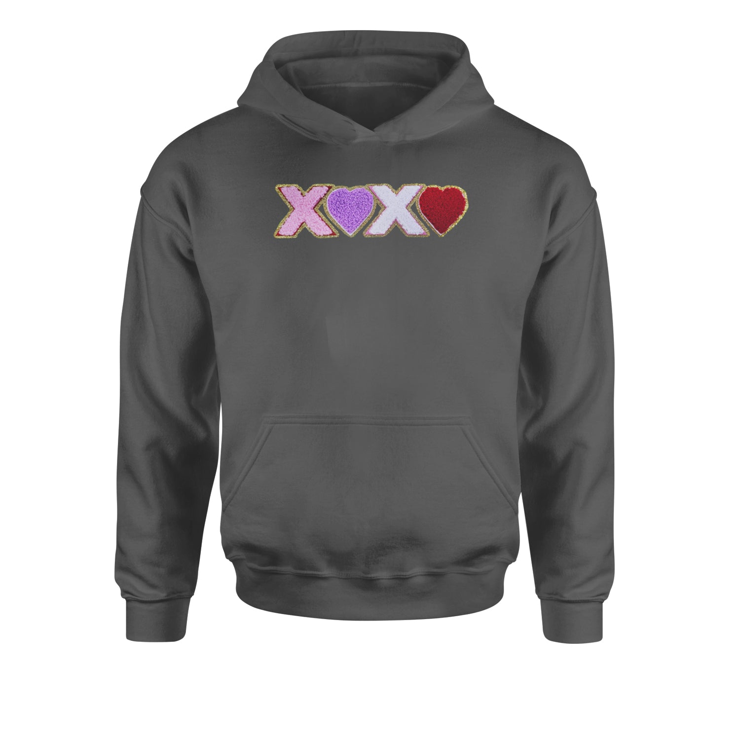 XOXO Chenille Patch Valentines DaysYouth-Sized Hoodie Charcoal Grey