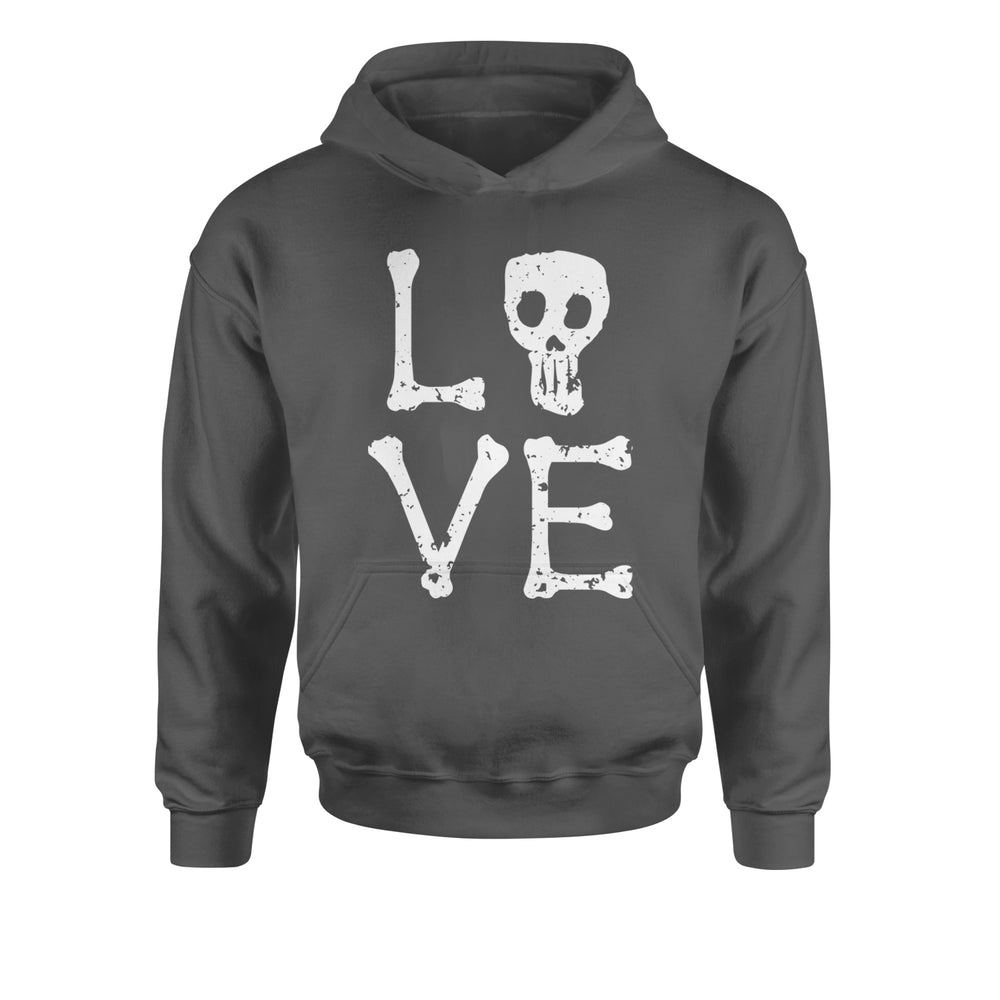 Love Skeleton Bones graphic on Kids' Heavyweight Fleece Pullover Hoodie in Charcoal Grey