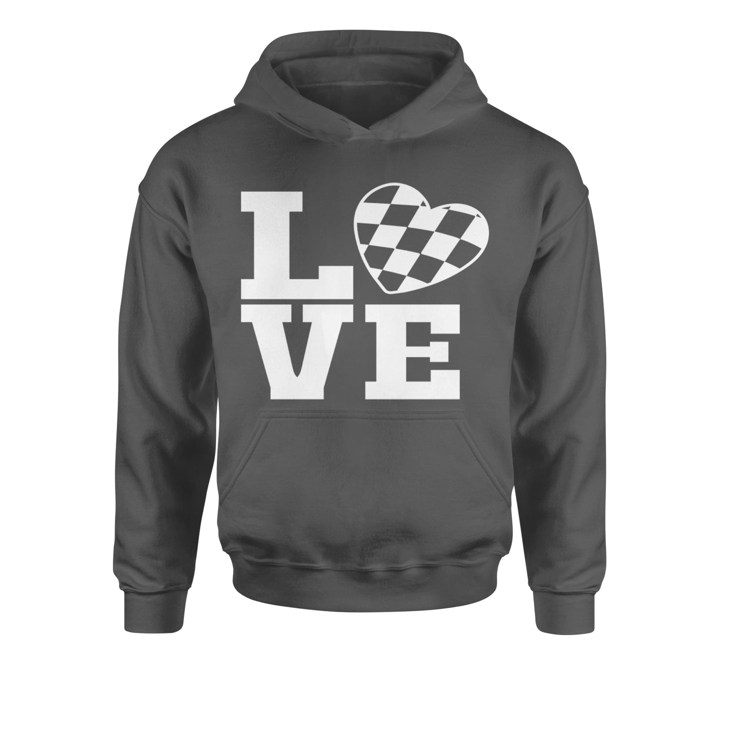 Love Racing Checkered Flag Heart Youth-Sized Hoodie Black