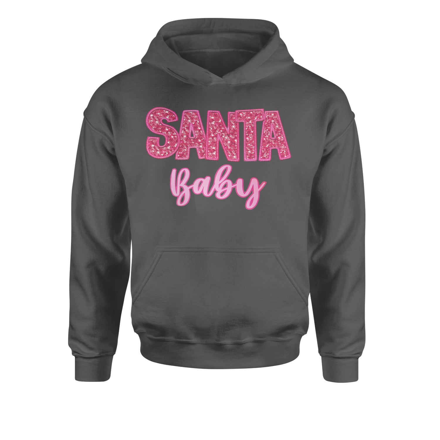 Santa Baby Faux Patch and SequinsYouth-Sized Hoodie Charcoal Grey