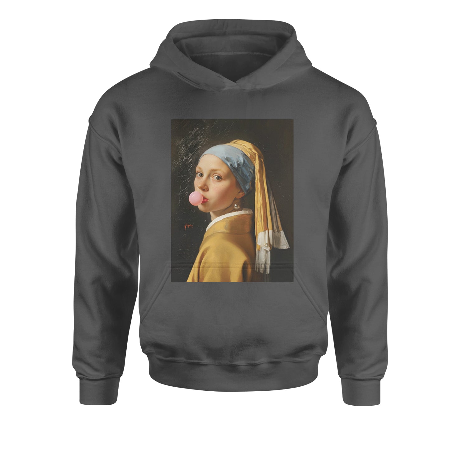 Girl with a Pearl Earring Bubble Gum Contemporary Art Youth-Sized Hoodie Charcoal Grey