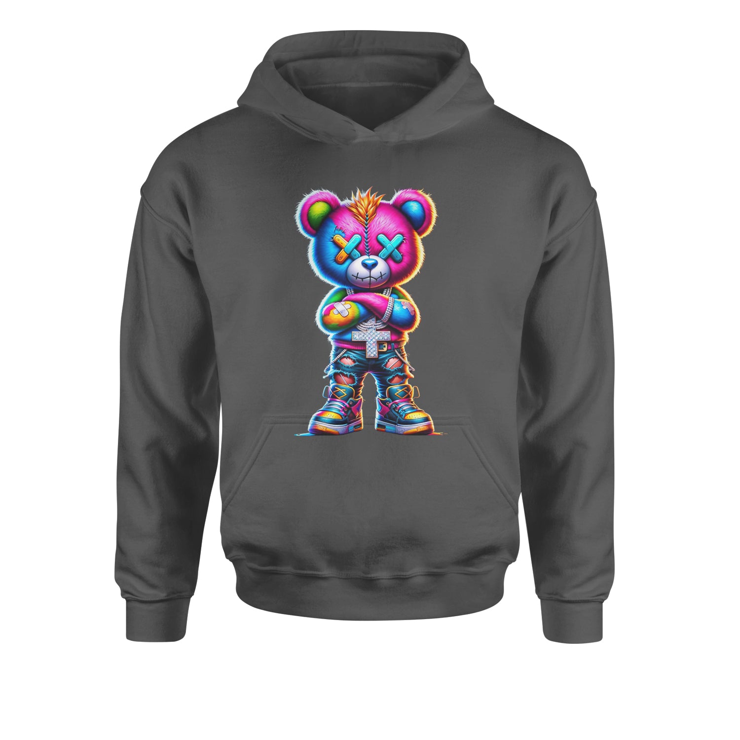 Stitched Neon Urban Graffiti BearYouth-Sized Hoodie Black