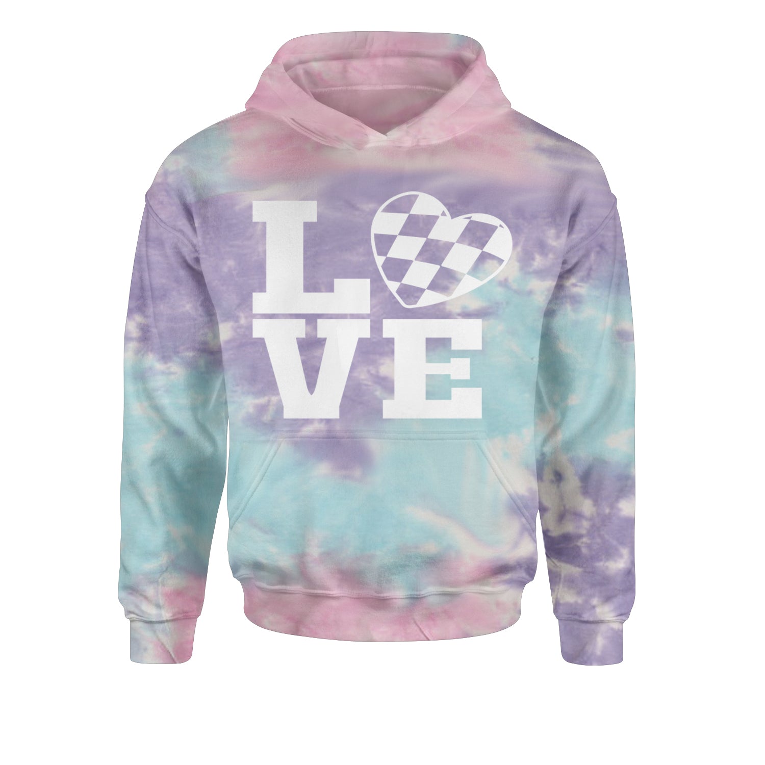 Love Racing Checkered Flag Heart Youth-Sized Hoodie Tie-Dye Cotton Candy