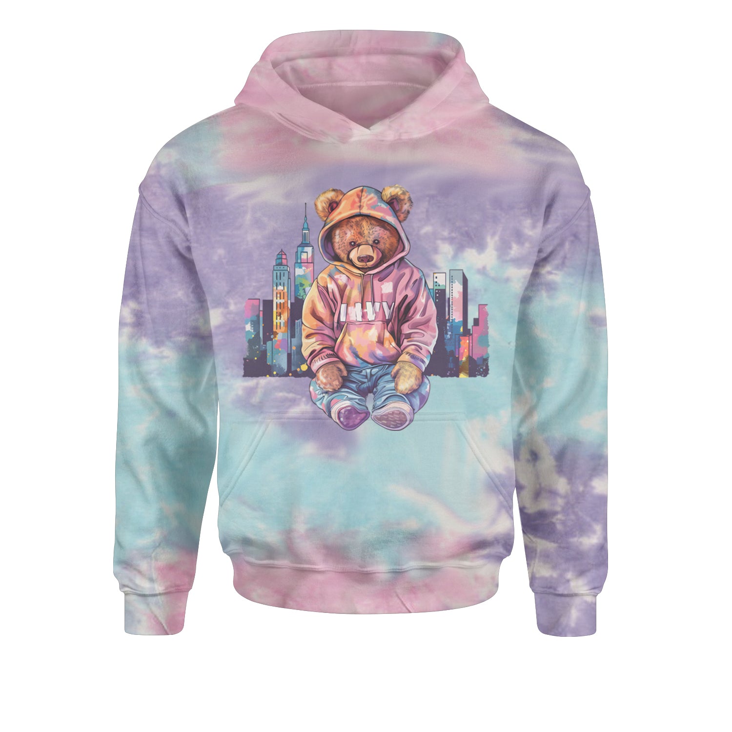 City Skyline Urban Graffiti BearYouth-Sized Hoodie Tie-Dye Cotton Candy