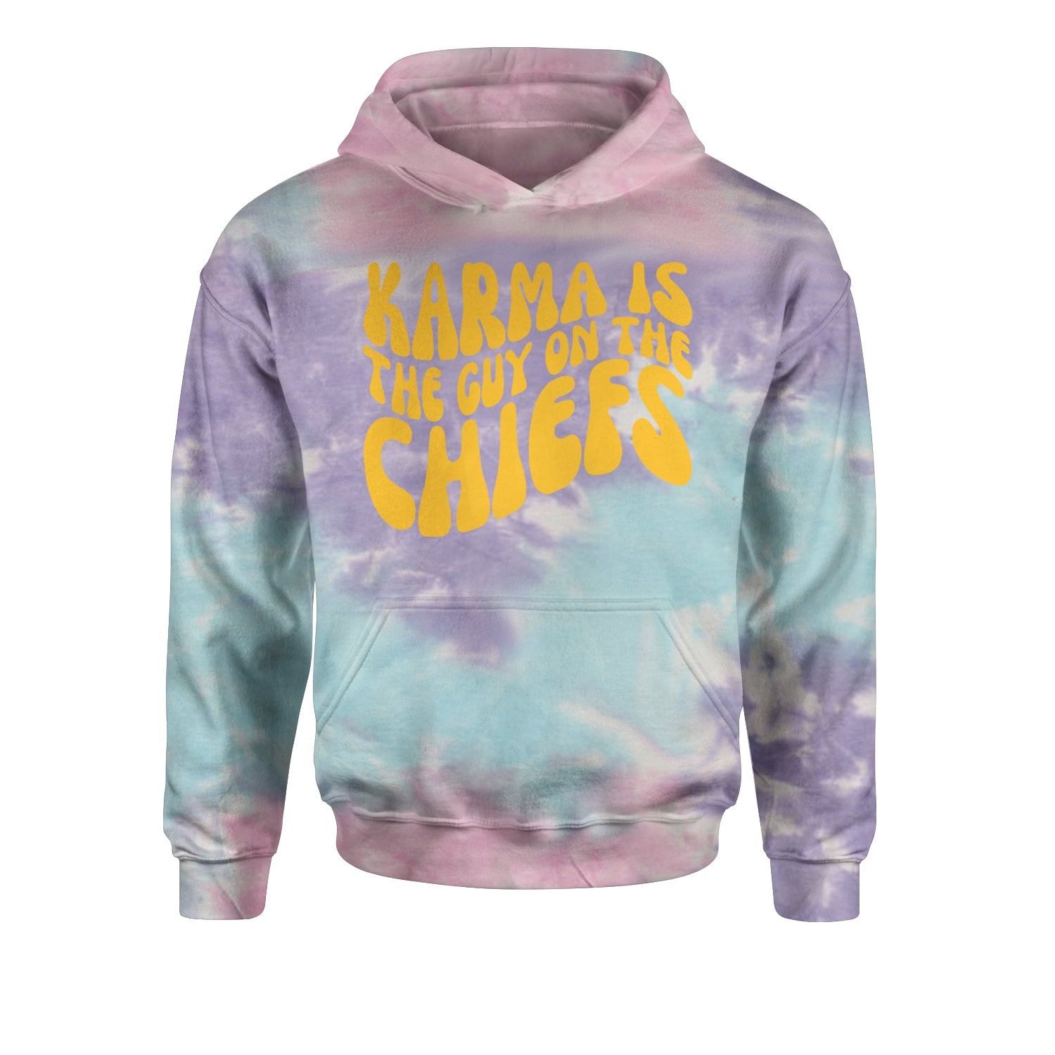 Karma Is The Guy On The Chiefs Boyfriend Youth-Sized Hoodie Tie-Dye Cotton Candy