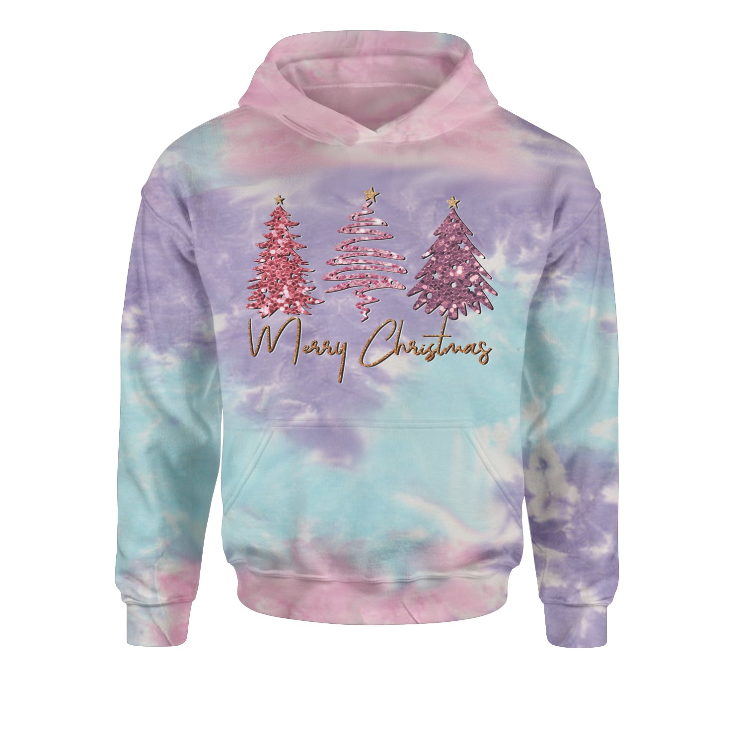 Merry Christmas Faux Glitter TreesYouth-Sized Hoodie Tie-Dye Cotton Candy