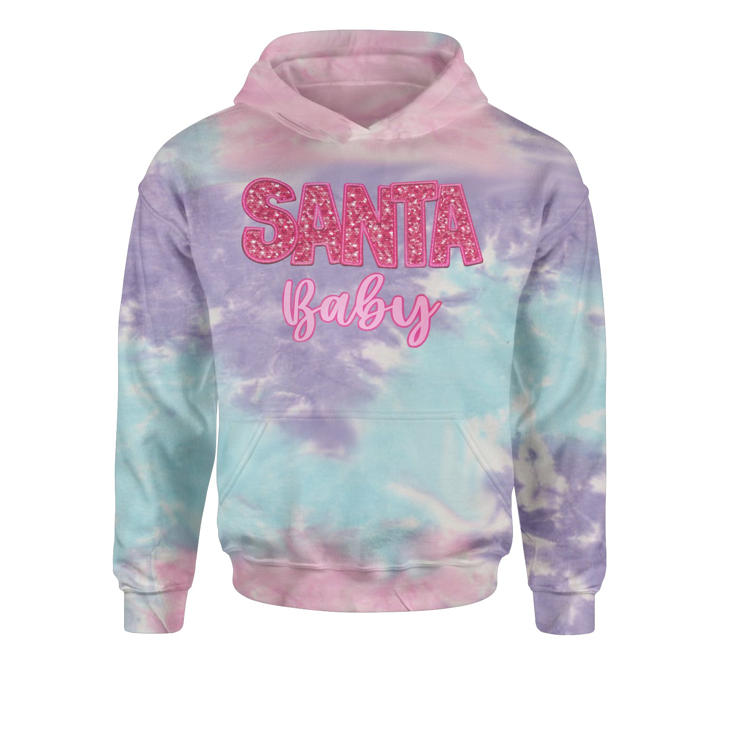 Santa Baby Faux Patch and SequinsYouth-Sized Hoodie Tie-Dye Cotton Candy