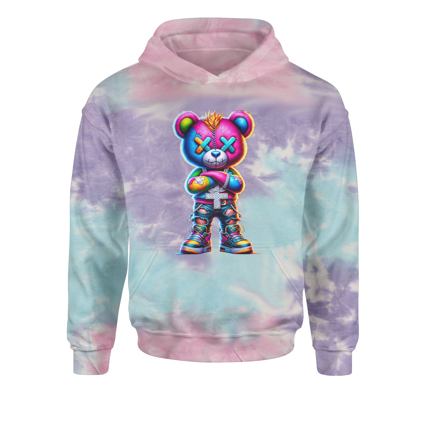 Stitched Neon Urban Graffiti BearYouth-Sized Hoodie Tie-Dye Cotton Candy