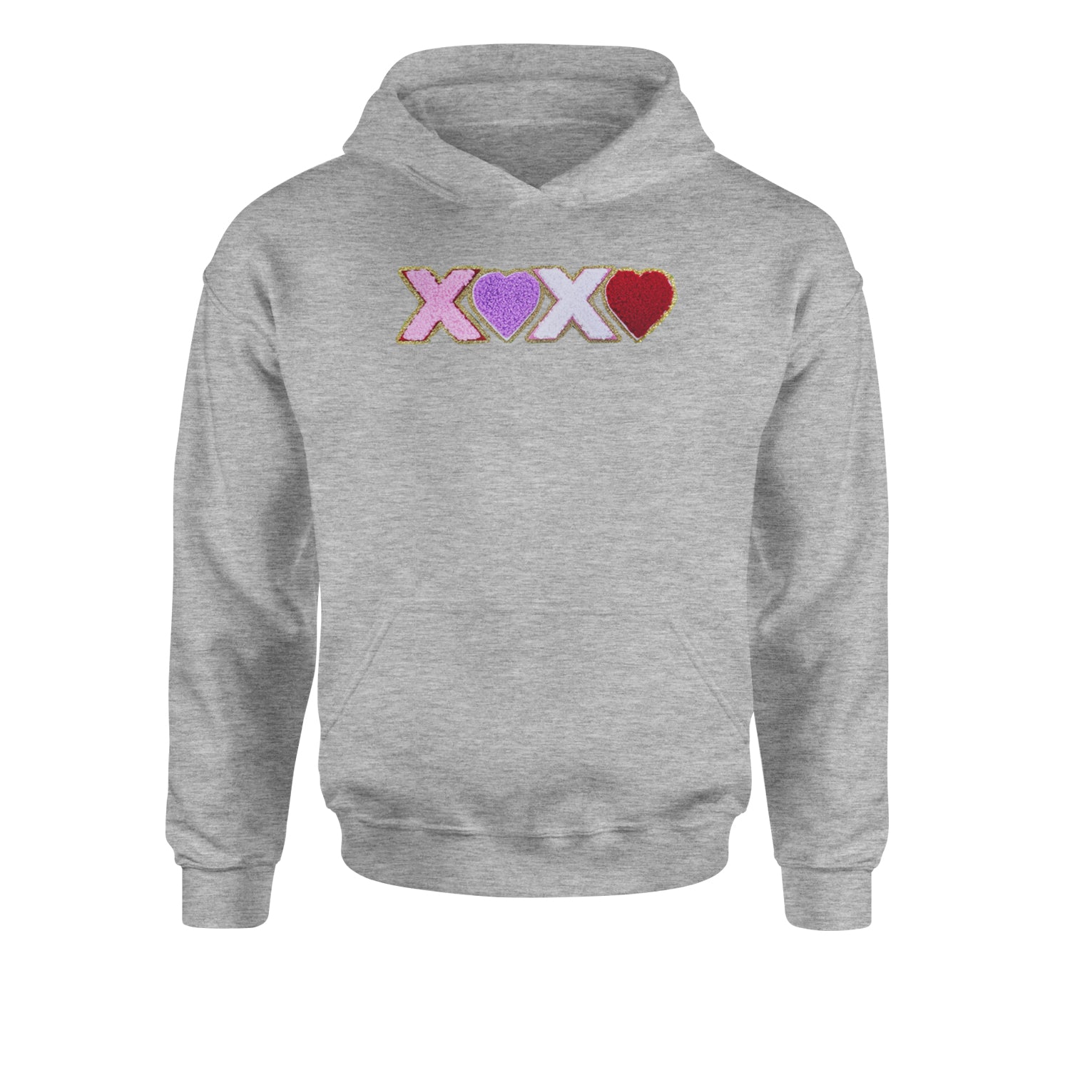 XOXO Chenille Patch Valentines DaysYouth-Sized Hoodie Heather Grey