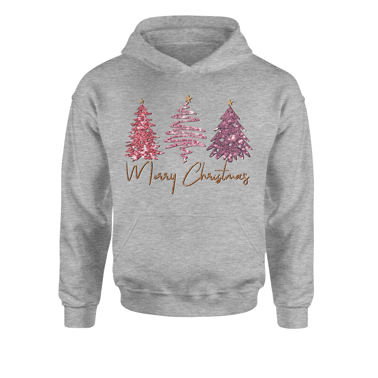 Merry Christmas Faux Glitter TreesYouth-Sized Hoodie Heather Grey