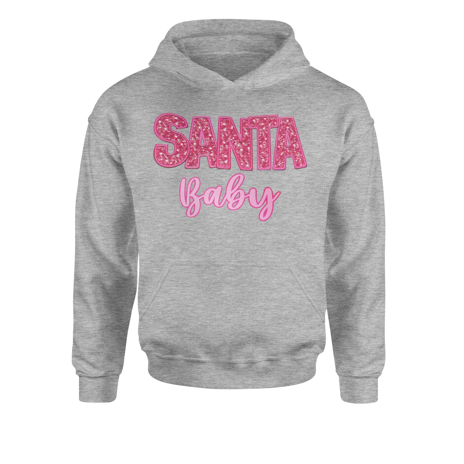 Santa Baby Faux Patch and SequinsYouth-Sized Hoodie Heather Grey