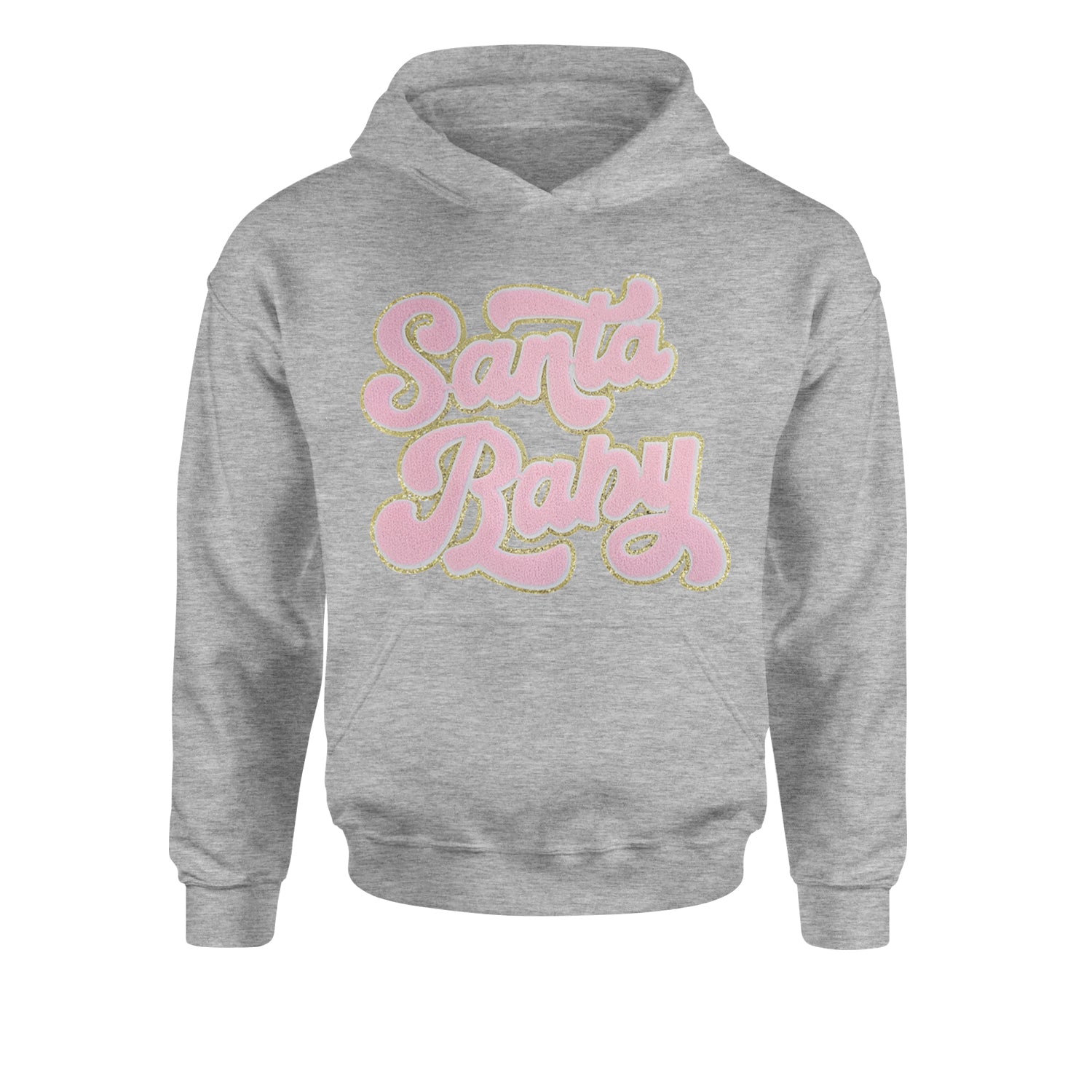 Pink Santa Baby Chenille PatchYouth-Sized Hoodie Heather Grey