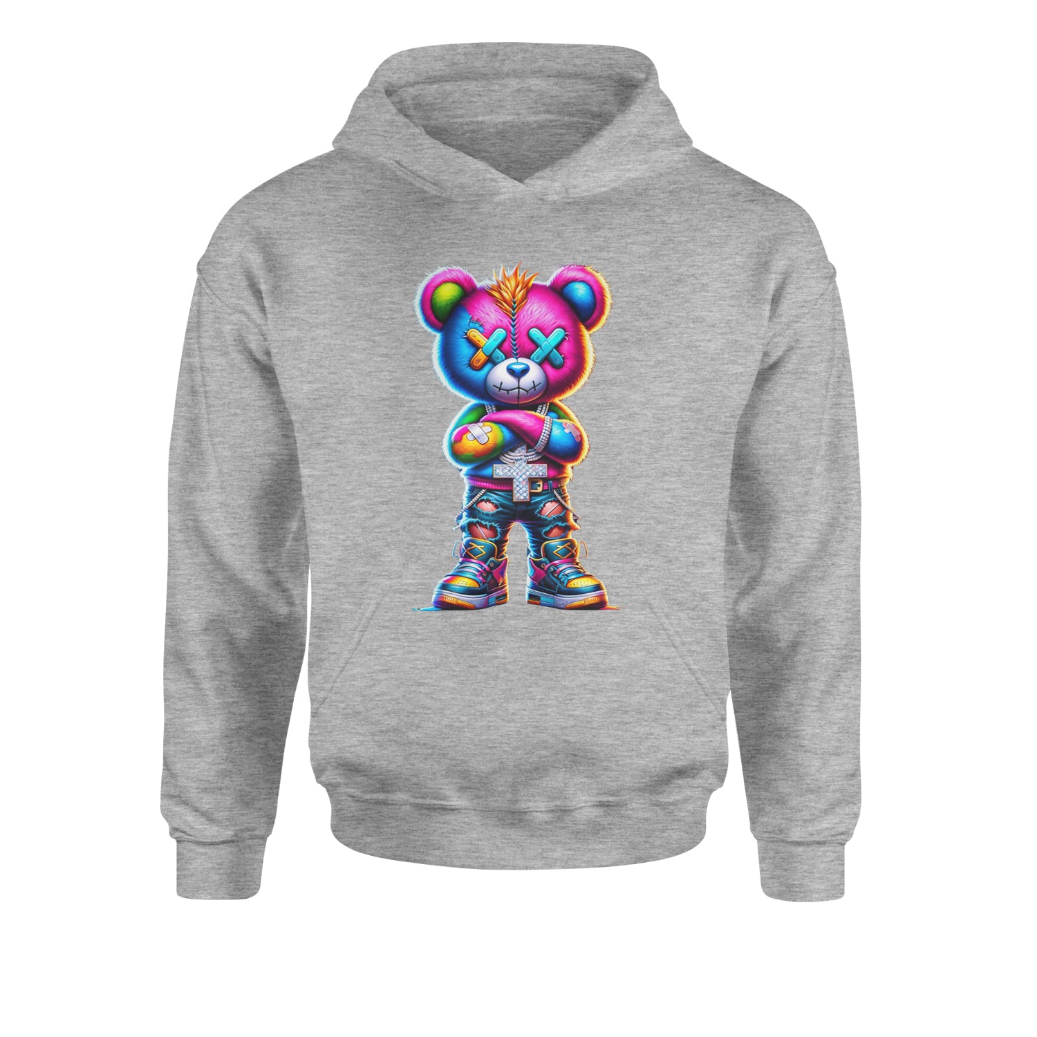 Stitched Neon Urban Graffiti BearYouth-Sized Hoodie Heather Grey