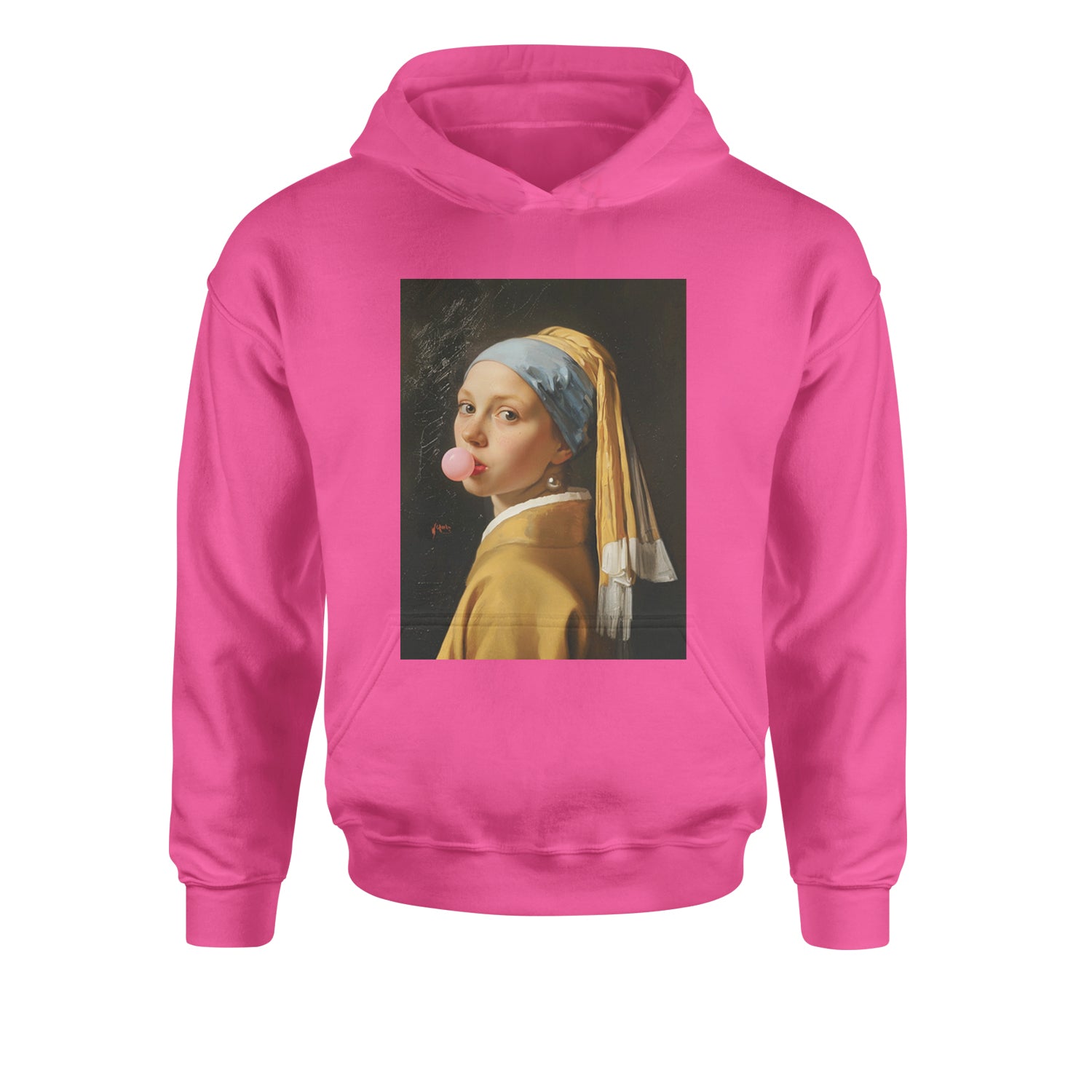 Girl with a Pearl Earring Bubble Gum Contemporary Art Youth-Sized Hoodie Hot Pink