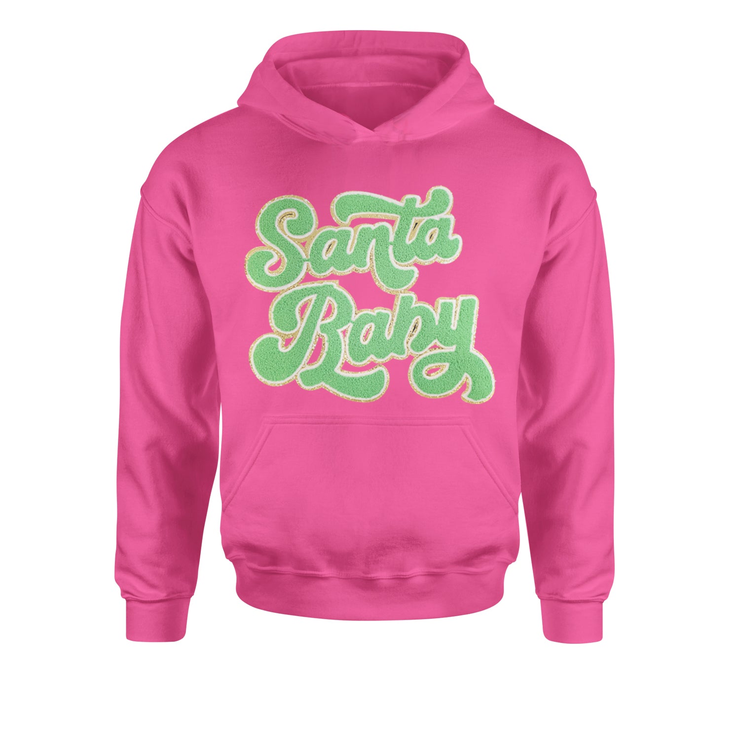 Green Santa Baby Chenille PatchYouth-Sized Hoodie Hot Pink