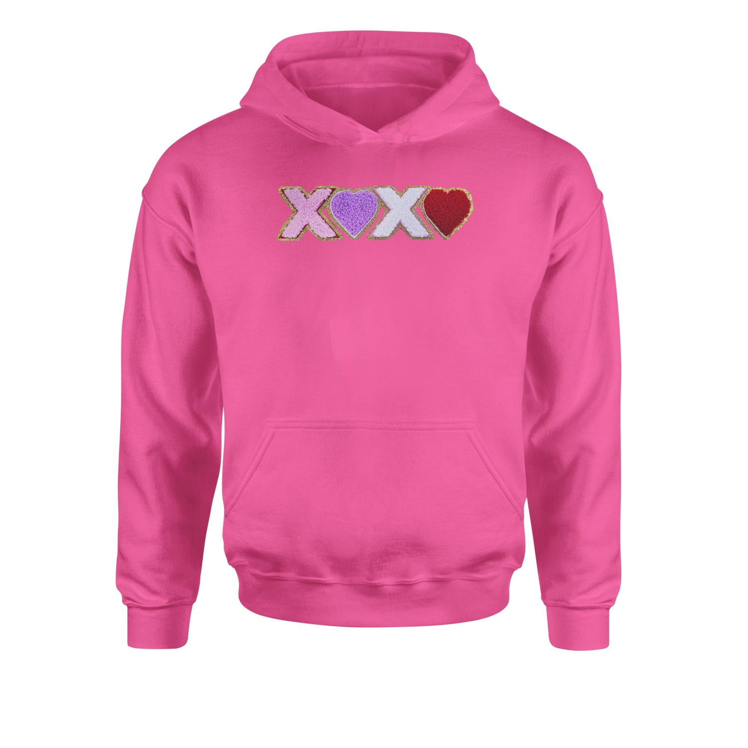 XOXO Chenille Patch Valentines DaysYouth-Sized Hoodie Hot Pink