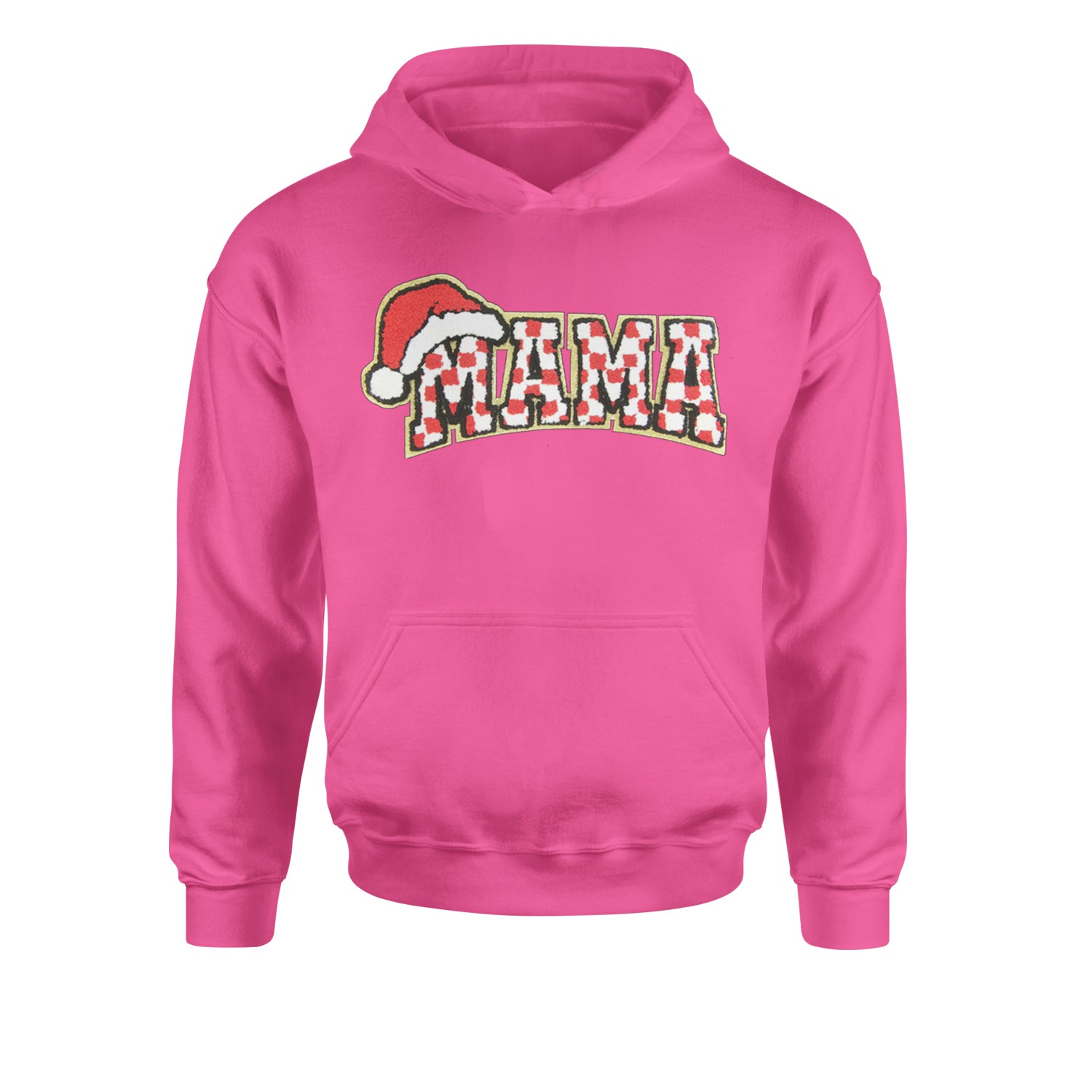 Mama Santa Hat Chenille PatchYouth-Sized Hoodie Hot Pink