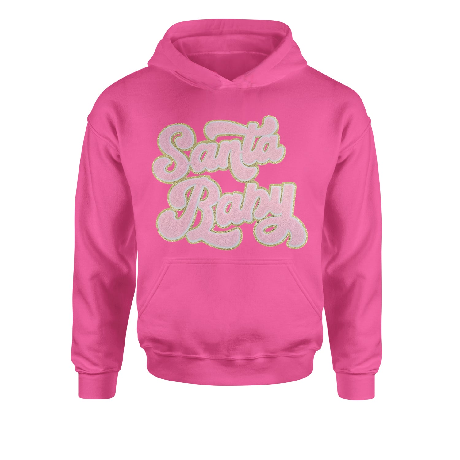 Pink Santa Baby Chenille PatchYouth-Sized Hoodie Hot Pink