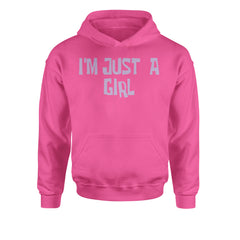 Lavender "I'M JUST A GIRL" block lettering on a Kids' Heavyweight Fleece Pullover Hoodie