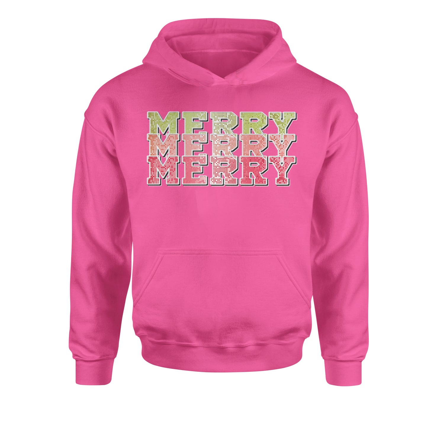 Merry Merry Merry Faux SequinsYouth-Sized Hoodie Hot Pink