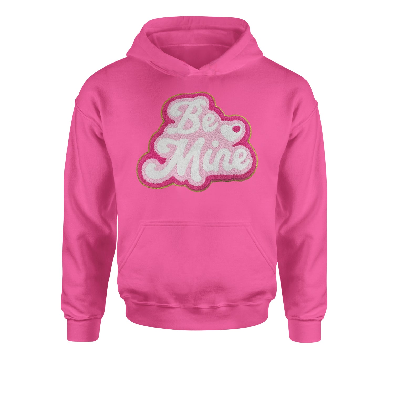 Be Mine Chenille Patch Valentines DaysYouth-Sized Hoodie Hot Pink