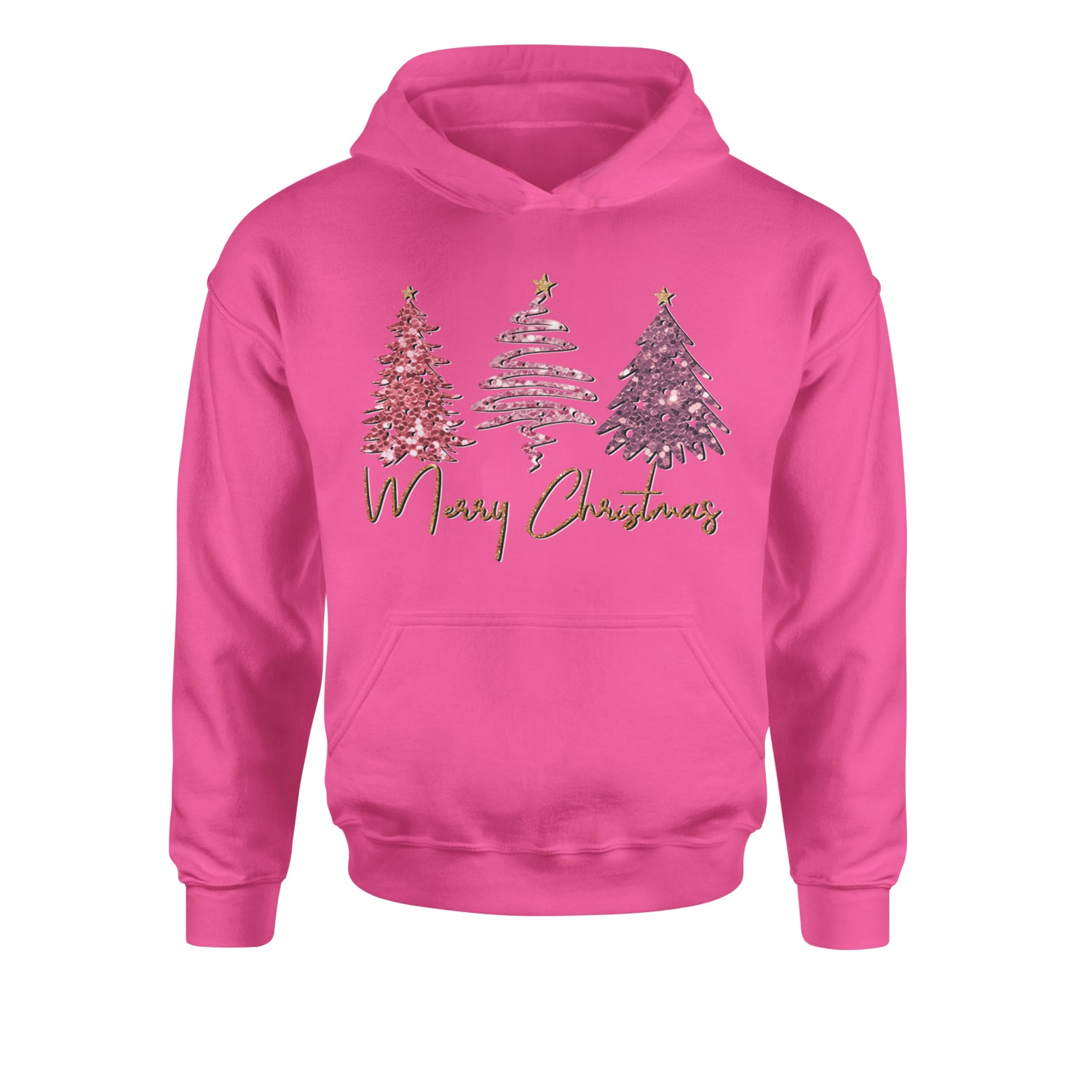 Merry Christmas Faux Glitter TreesYouth-Sized Hoodie Hot Pink