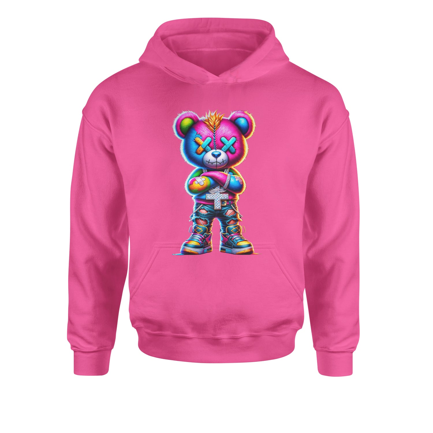 Stitched Neon Urban Graffiti BearYouth-Sized Hoodie Hot Pink