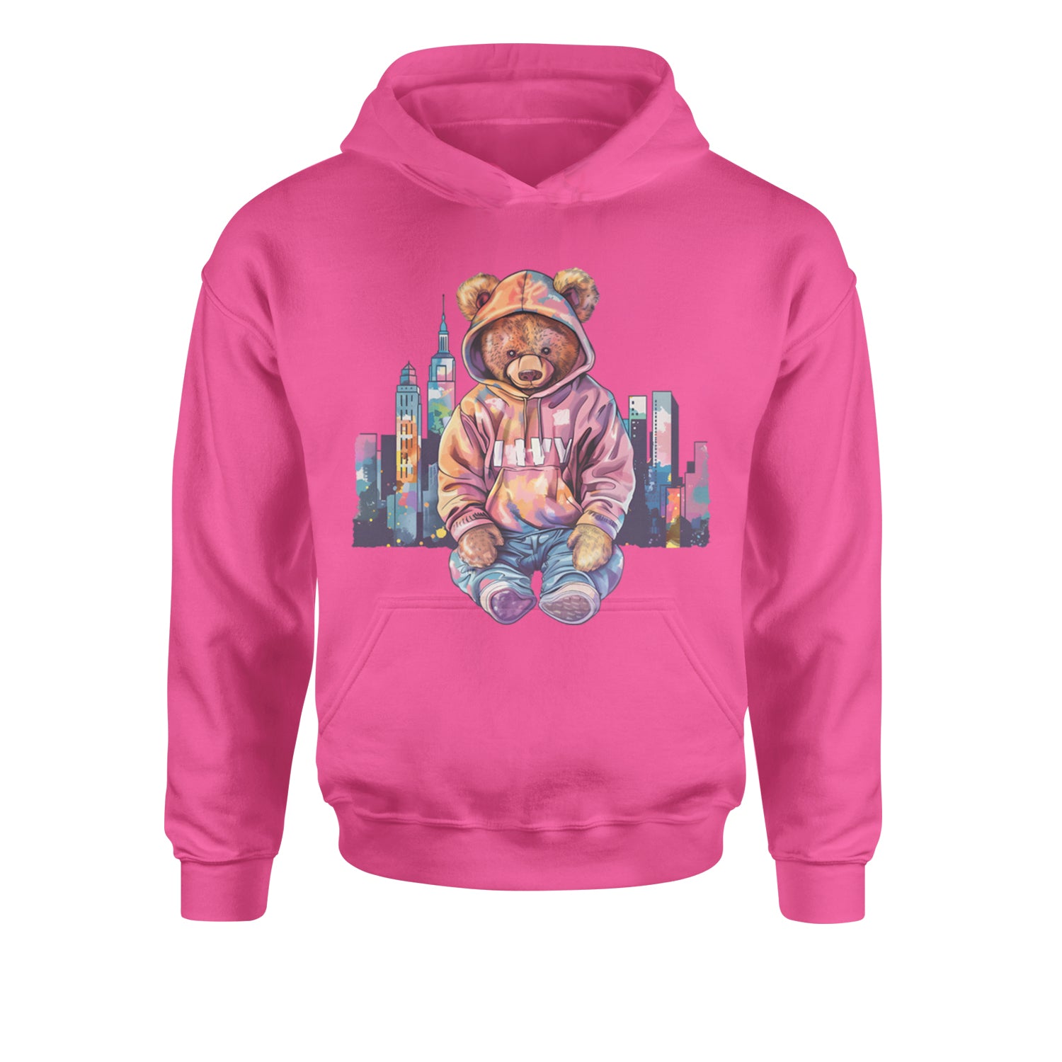 City Skyline Urban Graffiti BearYouth-Sized Hoodie Hot Pink